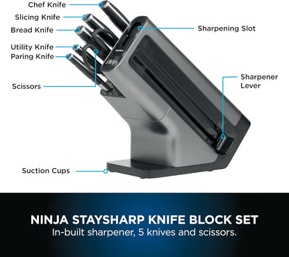 Ninja Foodi StaySharp Knife Block with Integrated Sharpener 5 Knives and Scissors (1 pair), Sharp 6-Piece Knife Set Chef, Bread, Slicing, Utility, Paring Knives & Scissors, Stainless Steel, K32006UK