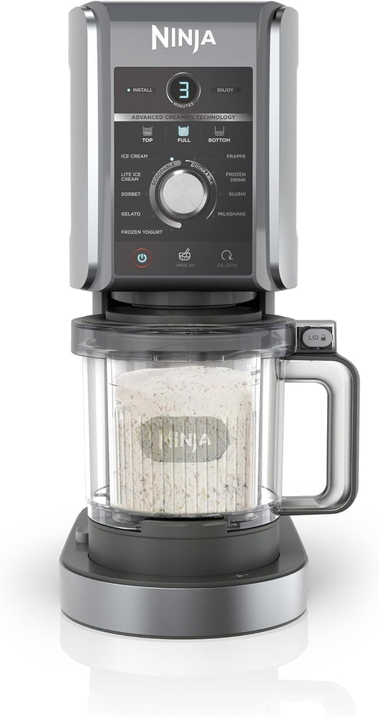 Ninja CREAMi Deluxe Ice Cream Maker & Frozen Dessert Maker with 3 Tubs, 10 Functions, Makes Ice Cream, Gelato, Sorbet, Frozen Yoghurt, Milkshakes, Slushi & More, 2-in-1 Flavour Option, Silver, NC501UK